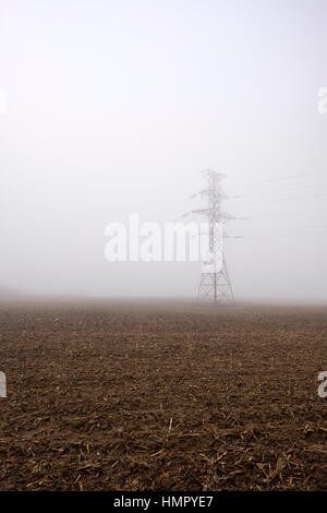 Eine Power-Sendemast / Pylon in einem Bauernhof Feld unter dichtem Nebel in Südwest-Ontario, Kanada. Stockfoto