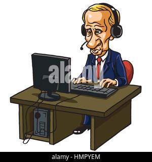 Vladimir Putin vor seinem Computer. Cartoon Karikatur-Vektor-Illustration Stock Vektor