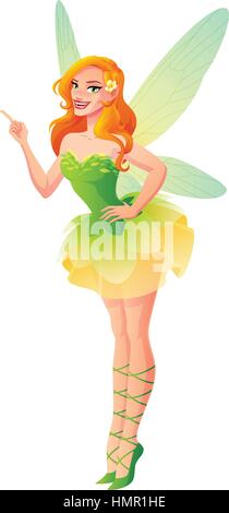 Vektor-schöne grüne Blumen-Fee mit Flügeln Finger zeigen nach oben. Stock Vektor