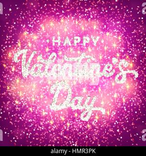 Valentinstag Karte oder Banner mit glänzenden Bokeh verschwommen Herzen, Glitter Textur Konfetti, funkelt und Sterne. Romantische Poster mit strukturierten Schriftzug Text auf violettem Hintergrund. Schriftart-Vektor-Illustration. Stock Vektor