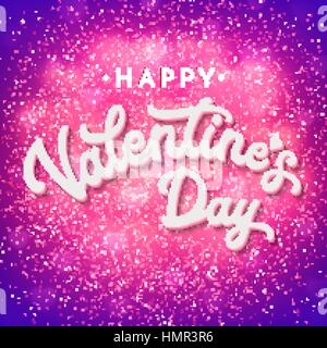 Valentinstag Karte oder Banner mit glänzenden Bokeh verschwommen Herzen und Glitzer Textur Konfetti. Romantische Poster mit 3d weiße Hand Schriftzug Text auf rosa und lila Hintergrund. Schriftart-Vektor-Illustration. Stock Vektor