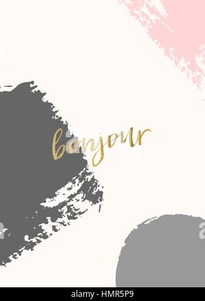 Kreative Grußkartenvorlage zum Valentinstag mit abstrakten Pinselstriche in Pastell-Farben und moderne Kalligraphie Text 'Bonjour' ('Hallo' in Fre Stock Vektor