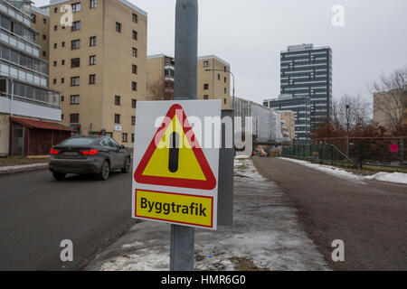 Achten Sie darauf, Bau Verkehr in der Region, Kista, Stockholm, Schweden. Stockfoto