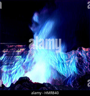 Grafik blaue Leuchten aus Vulkankrater in der Nacht Stockfoto