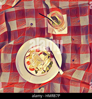 Picknick mit Sandwiches und Salat auf roten Quadraten material Stockfoto