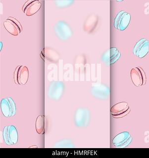 Muster mit französischen süße Makronen. Köstliche Desserts auf dem pastellfarbenen Hintergrund. Einsetzbar in der Lebensmittelindustrie für Tapeten, Plakate, Geschenkpapier Stock Vektor