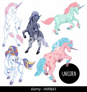 Hand gezeichnete bunte Reihe des Einhorns, Vektor-Vintage-Design-Elemente, Umriss zeichnen Sammlung Stock Vektor