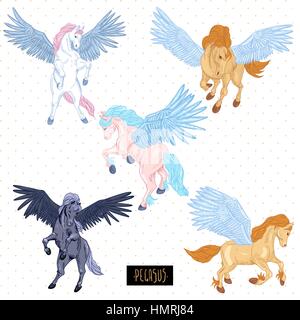Vintage Vektor einstellen des geflügelten Pegasus, Tiere design-Elemente, Gliederung Sammlung Stock Vektor