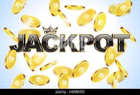 Schwarz glänzend Jackpot Text mit Krone in Goldrahmen und fallen Münzen Hintergrund. Winner casino Stock Vektor