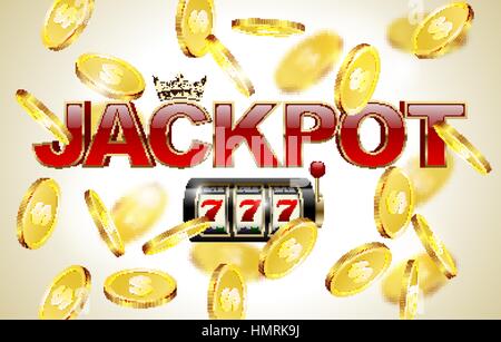 Rot glänzend Jackpot Text mit Krone, Spielautomat mit lucky Seven und fallen goldene Münzen Hintergrund. Winner casino Stock Vektor