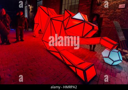 Toronto, Kanada. 4. Februar 2017. Menschen besuchen das Licht Kunstinstallation "Digitales Origami-Tiger" während der 2017 Toronto Light Festival in Toronto, Kanada. Bildnachweis: Zou Zheng/Xinhua/Alamy Live-Nachrichten Stockfoto