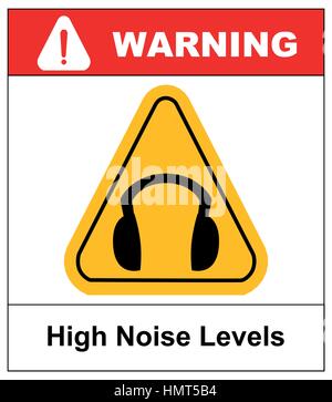 Hoher Geräuschpegel. Ohrenschützer tragen oder Ohr Stecker Zeichen. Gelbes Dreieck isoliert auf weiss obligatorisch gekennzeichnet. Vektor-illustration Stock Vektor