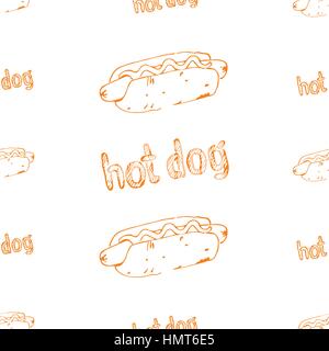 Hot-Dog Musterdesign. Fast-Food-Textur. Kontinuierliche Hintergrund von Hand gezeichnet Skizzen von Hotdogs mit Ketchup, Senf oder Mayonnaise. EPS8 vecto Stock Vektor