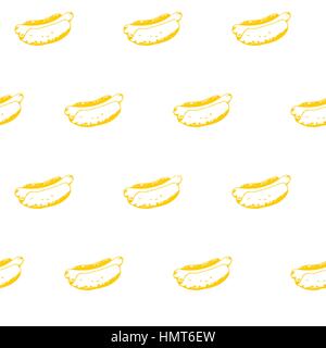 Hotdogs Musterdesign Hintergrund. Fast-Food kontinuierliche Textur mit Hand gezeichnet Hot Dogs mit Senf oder Mayonnaise. EPS8-Vektor-Illustration mit p Stock Vektor