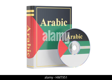 Arabische Buch mit CD-Laufwerk, 3D-Rendering, isoliert auf weißem Hintergrund Stockfoto