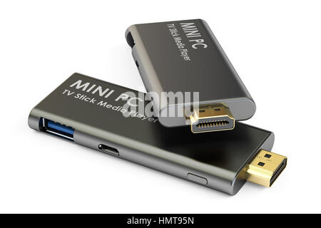 Mini PC TV Dongle Sticks, 3D-Rendering isolierten auf weißen Hintergrund Stockfoto