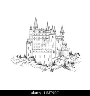 Berühmte französische Schloss Landschaft. reisen frankreich Hintergrund. Schloss Gebäude auf dem Hügel skyline Ätzen. Hand gezeichnete Skizze Abbildung Stock Vektor