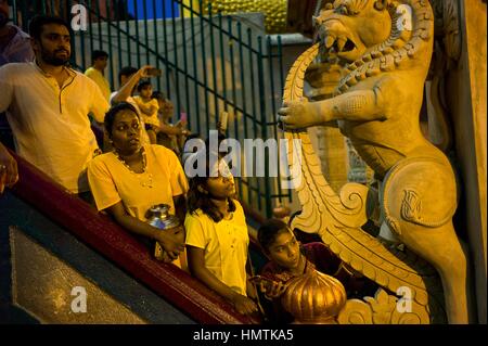 Kuala Lumpur, Malaysia. 4. Februar 2017. Malaysische Hindu Anhänger beteiligt sich an dem Festival Thaipusam in Batu Caves, Malaysia, am 4. Februar 2017. Thaipusam wird von Anhängern des Hindu-Gottes Murugan gefeiert und ist ein wichtiges Fest der tamilischen Gemeinschaft in Ländern wie Indien, Sri Lanka, Indonesien, Thailand, Malaysia und Singapur, während die Anhänger durchdringen sich mit Spikes und beteiligen sich in langen Prozessionen. Bildnachweis: Chris JUNG/Alamy Live-Nachrichten Stockfoto