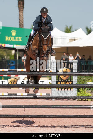 Wellington, USA. 4. Februar 2017. Kent Farrington Fahrten während der SUNCAST $35.000 1,50 M Classic während des Winter Equestrian Festival in Palm Beach International Equestrian Center in Wellington, Florida. Bildnachweis: MediaPunch Inc/Alamy Live-Nachrichten Stockfoto