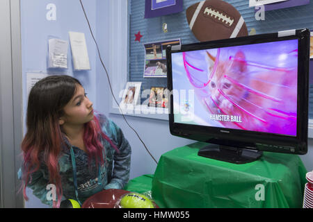 Wantagh, USA. 5. Februar 2017. Suzanne Ferrara, 10 von Plainview, Uhren Kätzchen spielen in rosa Hamster Ball im Fernsehen während der Hallmark Channel Kitten Bowl TV am letzten Hoffnung Animal Rescue während seiner Open House Party zeigen. Kätzchen in seine letzte Hoffnung Lions (lila Halsbänder)-Team spielte gegen Kätzchen in North Shore Bengals (blue Kragen) Team. Letzte Hoffnung Kätzchen wurden Bestandteil jedes Kätzchen-Schüssel, die Katze und Kätzchen Adoptionen zu fördern hat. Bildnachweis: Ann Parry/ZUMA Draht/Alamy Live-Nachrichten Stockfoto