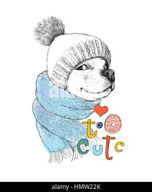 Netter Hund in eine Mütze und Schal. Zu niedlich Satz. Handgezeichnete Abbildung einer Bleistift und Aquarell-Technik. Design für Poster, Kinder-t-Shirt, Druck, Karten, Banner. Vektor-Illustration. Stock Vektor