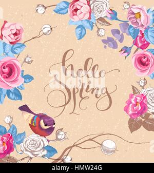 Grußkarte mit eleganten handgeschriebenen Schriftzug Hallo Frühling. Niedliche kleine Vogel und Rosen auf Hintergrund. Vektor-Illustration im romantischen Stil für Karten, Einladungen, Plakate, Banner, Stock Vektor