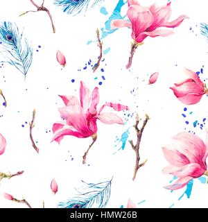 Vintage Aquarell Seamless Pattern mit blühenden Blumen Magnolia, Zweige und Pfauenfeder, natürliche Vektor-Illustration Stock Vektor
