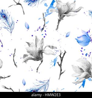 Vintage Aquarell Seamless Pattern mit blühenden Blumen Magnolia, Zweige und Pfauenfeder, monochrome natürliche Vektorgrafik Stock Vektor