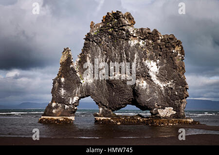 Markante Basaltgestein Hvítserkur bei Ebbe, Hvammstangi, Vatnsnes, North Island, Island Stockfoto