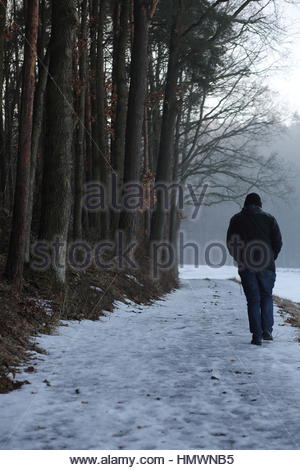 Ein Mann in Winterkleidung gekleidet und GAP geht Fuß auf einem eisigen Pfad in den Wald in Deutschland Stockfoto