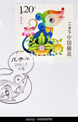 CHINA - CIRCA 2008: Eine Briefmarke gedruckt in China zeigt 2008-1 Tierkreis Neujahr Ratte. ca. 2008. Stockfoto