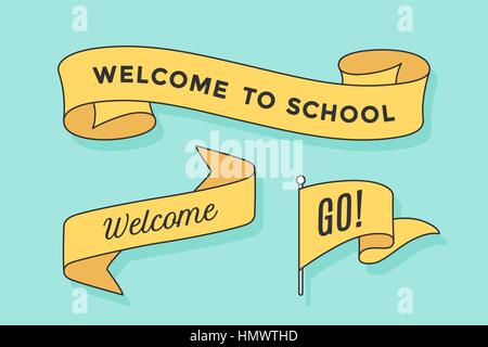 Satz von Band-Banner und Flagge mit Aufschrift Welcome Stock Vektor