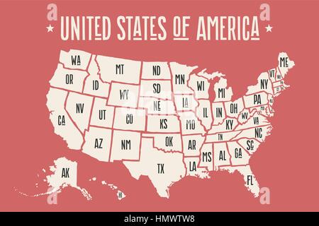 Poster Landkarte Vereinigte Staaten von Amerika mit Statusnamen Stock Vektor