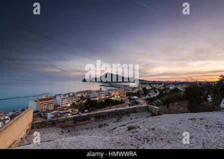 Panorama Aussicht bei Sonnenuntergang in Spanisch Altea auf Costa Blance Stockfoto