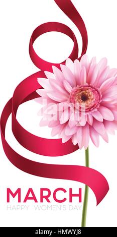 Gruß Banner mit Gerbera Blume und Band. 8. März - Internationaler Tag der Frauen. Vektor-Illustration EPS10 Stock Vektor