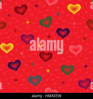 Bunte Herzen und Sterne auf dem roten Hintergrund mit vielen kleinen rosa Herzen, nahtlose Valentine Vektormuster Stock Vektor