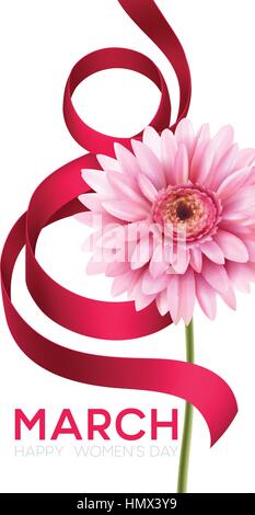 Gruß Banner mit Gerbera Blume und Band. 8. März - Internationaler Tag der Frauen. Vektor-Illustration EPS10 Stock Vektor