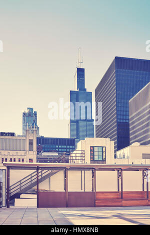 Retro-Farbe getönt Bild der Innenstadt von Chicago, Illinois, USA. Stockfoto