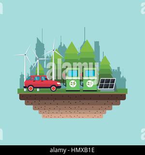 Benzin Pumpe Panel solar Turbine Wind Alternativenergie Stadt Hintergrund Stock Vektor
