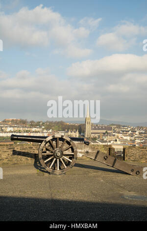 Brüllender Meg Belagerung Kanone auf der Stadtmauer doppelte Bastion, Derry, Londonderry, Nordirland Stockfoto