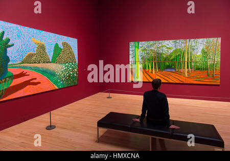 Tate Britain, London, UK. 6. Februar 2017. Tate Britain öffnet die weltweit umfangreichste Retrospektive David Hockney Arbeit als Künstlerin nähert sich seinen 80. Geburtstag. Mehr als 200 Werke von Hockney, weithin als einer der erfolgreichsten und erkennbare Künstler unserer Zeit sind auf dem Display. Bildnachweis: Malcolm Park Leitartikel/Alamy Live-Nachrichten Stockfoto