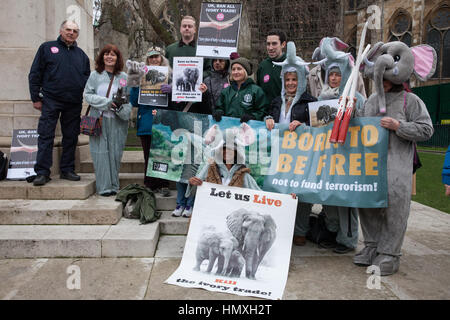 London, UK. 6. Februar 2017. Tierrechte Aktivisten, von denen einige als Elefanten gekleidet, nehmen Teil in eine friedliche Versammlung außerhalb des Parlaments, die Debatte über das UK Elfenbein Verbot zu unterstützen. Bildnachweis: Mark Kerrison/Alamy Live-Nachrichten Stockfoto