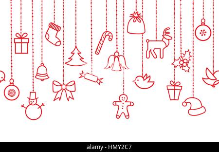 Verschiedene hängenden Weihnachtsverzierungen: Weihnachtskugel, Santa Hut, Rentier, Engel, Geschenkbox, Socke, Robbin Vogel, Berry, Weihnachtsbaum nahtlose gar Stock Vektor