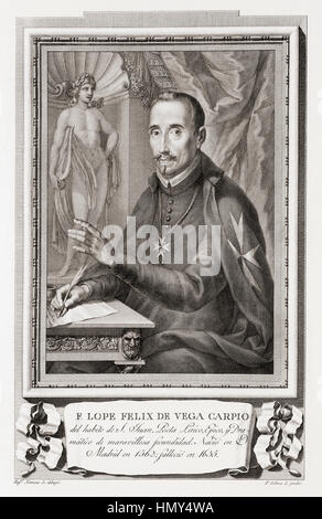 Félix Lope de Vega y Carpio, 1562 – 1635.  Spanischer Dramatiker, Dichter und Schriftsteller.  Nach einer Radierung in Retratos de Los Españoles Ilustres veröffentlicht Madrid, 1791 Stockfoto