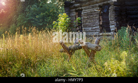 Sägen von Holz. Kulturlandschaft auf einem Hintergrund von grünem Rasen in den Strahlen der untergehenden Sonne. Stockfoto