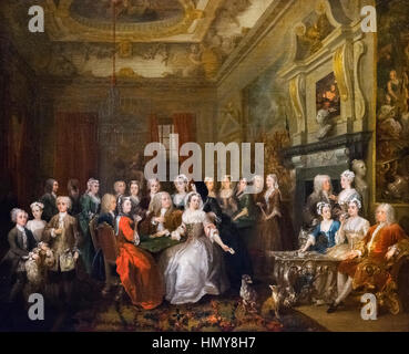 Hogarth Malerei. "Versammlung Wanstead House" von William Hogarth (1697-1764), Öl auf Leinwand, c.1728-31. Das Gemälde zeigt Lord und Lady Castlemaine feiern ihren 25. Hochzeitstag mit Freunden und Familie Stockfoto