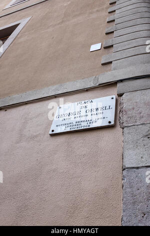 Placa de namens George Orwell, Barcelona, im März 1996 für den englischen Schriftsteller der Ehrerbietung nach Katalonien. Ironischerweise war es das erste Feld in der Stadt Stockfoto