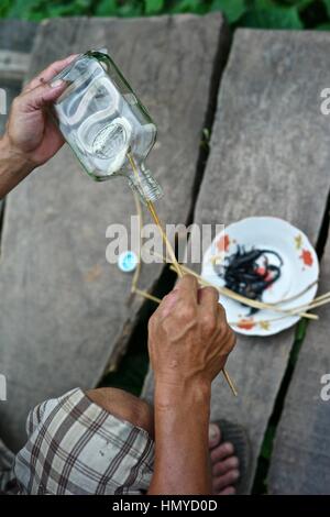 Ein Mann bereitet Lao Lao Whisky in Whisky Village, bekannt als Ban Xang Hai. Ein Lao-Dorf auf dem Weg nach Pak Ou Höhlen im Mekong. Schlangen, Insekten und Käfer Stockfoto