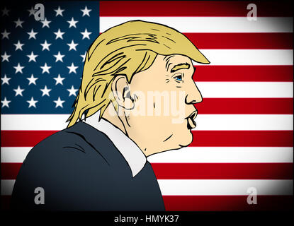 25. Januar 2017: Abbildung des amerikanischen Präsidenten Donald Trump auf Nationalflagge Hintergrund in der hand zu zeichnen Stil Stockfoto