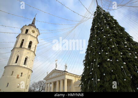 VILNIUS, Litauen: The Belfry (Kathedrale Clock Tower) und einem Weihnachtsbaum am Domplatz mit der Kathedrale im Hintergrund Stockfoto